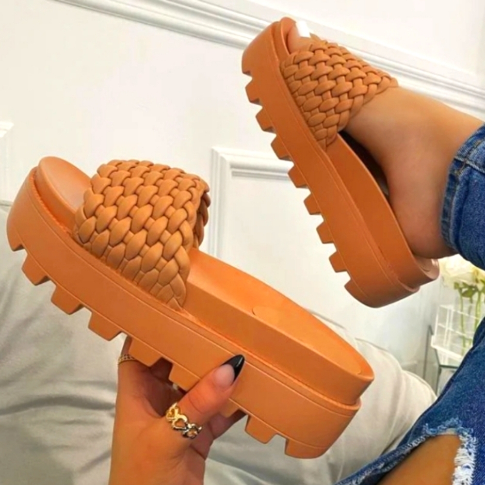 Rouge (Size 9) Camel Brown Faux Leather Braided Weave Platform Slip-on Sandals